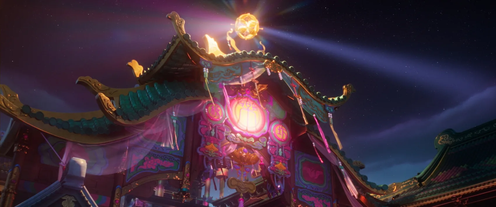 《八仙！》夜色蓬莱场景，仙阁上方光束升起